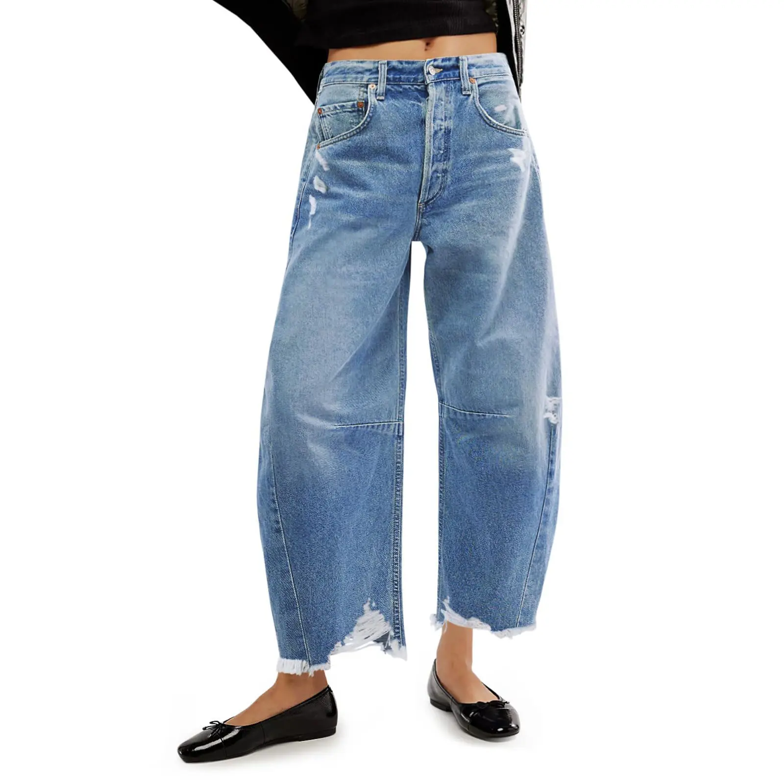 Cicy Bell Womens Baggy Barrel Jeans Cropped Boyfriend Wide Leg Raw Hem Denim Pants