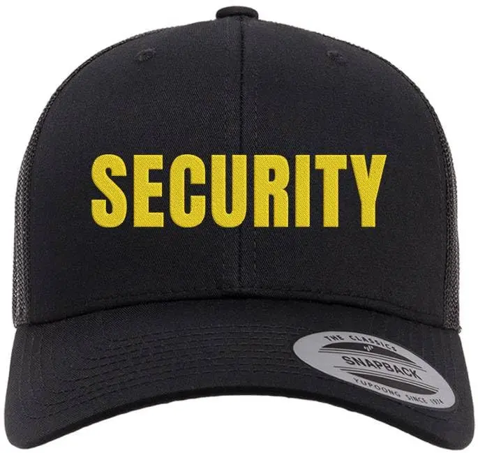 Security Guard Trucker Hat - Large Text Embroidered, Breathable Mesh, Adjustable Snapback Cap for Law Enforcement Officers, High Visibility Event Staff Work Duty