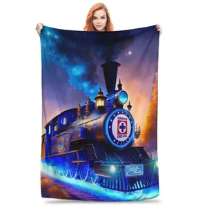 Cruz Azul Football Club Printed Flannel Blanket - Soft and Warm for Sofa, Office Bed, Camping, Travel, Multi-purpose Gift Blanket, Modern Style, Suitable for All Seasons, Digital Printing, Knitted, Polyester Fiber, Bright Blue