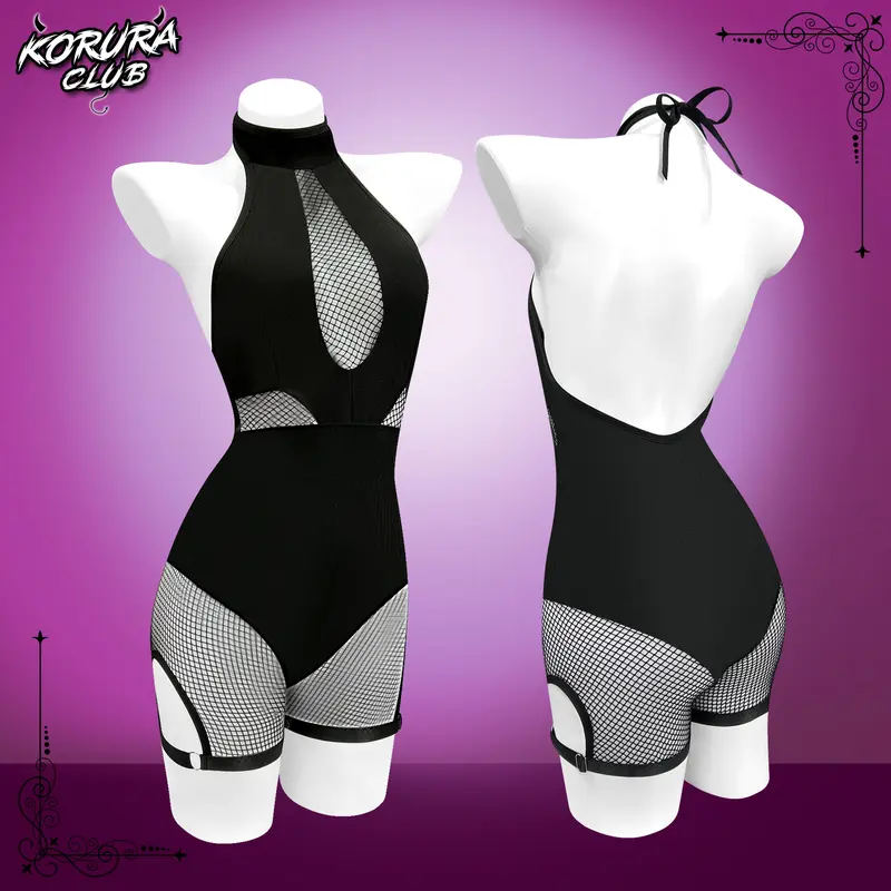 KORURACLUB Women's Stretchy Sheer Fishnet Mesh Fabric Bodysuit - Slim Fit, Breathable, Comfortable Cosplay Party Costume Top with Accessories