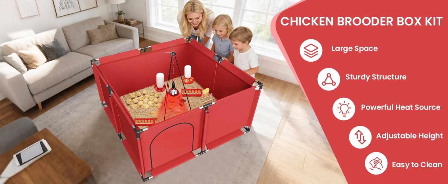 Brooder Box for Chicks, All-in-One Chick Starter Kit, Stainless Steel Frame Baby Chicken Brooder Pen with 250W Heat Lamp, Perch, Chicken Feeder & Waterer Set, Up to 30 Chicks, Square Style