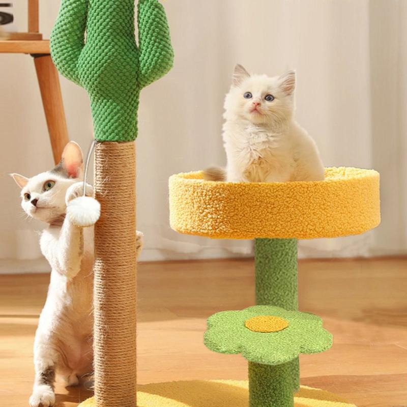 Yellow Cactus Cat Tree Sturdy Cat Scratching Post Climbing Frame for Kitten Adult Cat