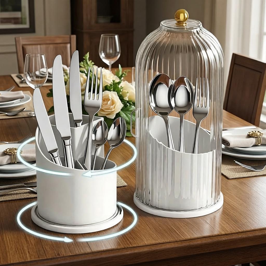 Utensil Holder with Lid 360 Rotating Clear Dustproof Cutlery Organizer for Kitchen Countertop Modern Tableware Storage Elegant Design