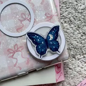 Moonlight Butterfly Phone Grip Stand - Celestial Navy Blue Acrylic Holder - Starry Night Butterfly Aesthetic Phone Decor, Dark Academia Accessory Gift