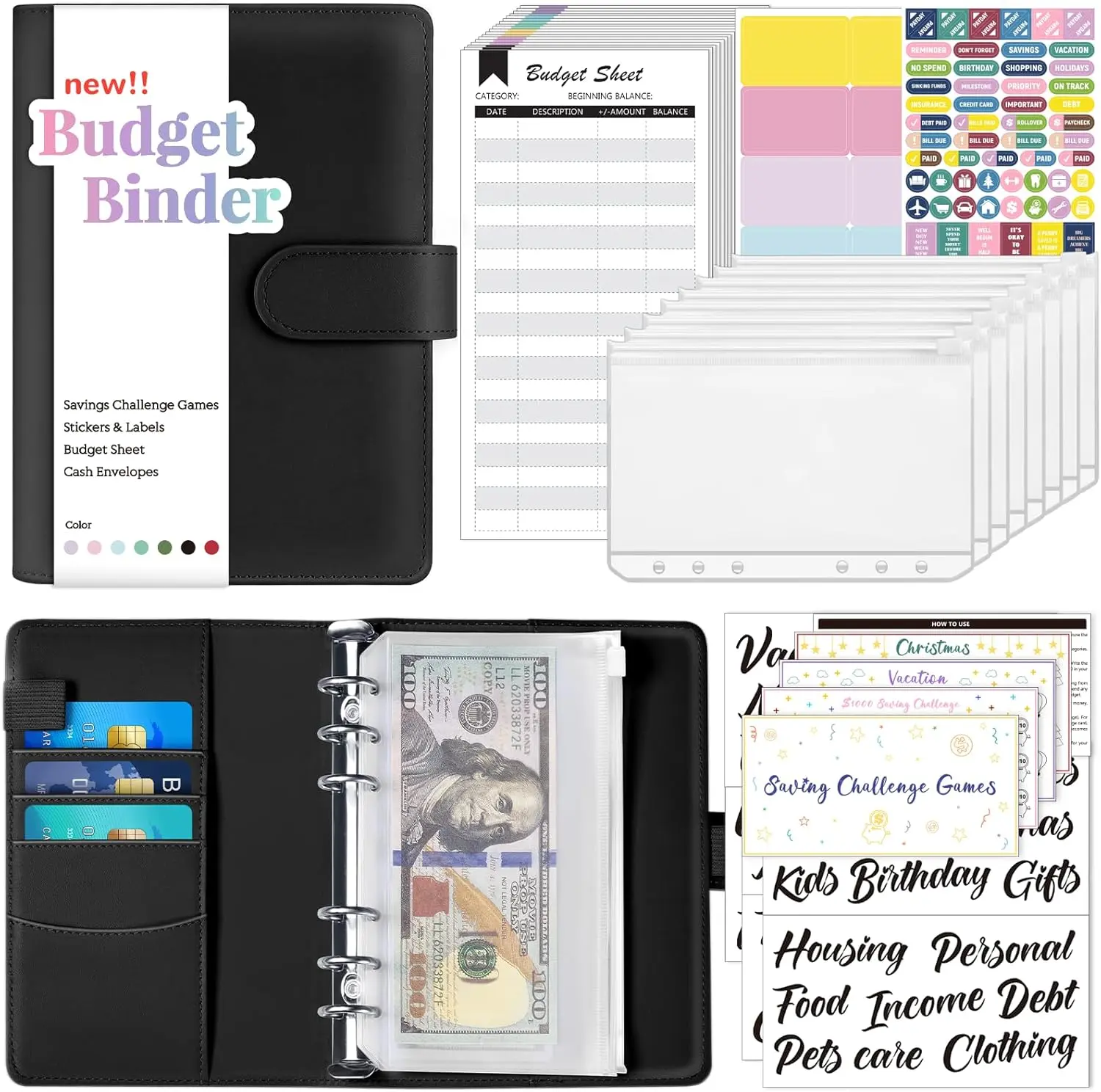 Budget Binder with Money Saving Challenge, Money Saving Binder with Cash Envelopes, Expense Sheets, Challenge Tracker & Category Labels, Envelope Savings Challenges Book for Home Office School
