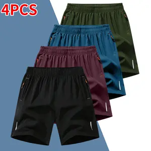 Men's 4-Pack Sports Shorts - Breathable Quick-Drying Polyester, Elastic Waist with Drawstring, Zipper Pockets, Reflective Strip, Suitable for Fitness, Summer Outdoor Activities