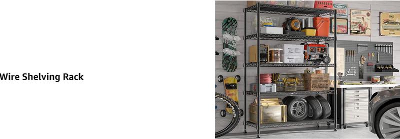 Raybee 5-6 Tier Metal Shelving Unit, Heavy Duty Shelving Organizer, Adjustable Wire Shelf with Wheels, Rolling Metal Storage Shelves for Garage Pantry Basement