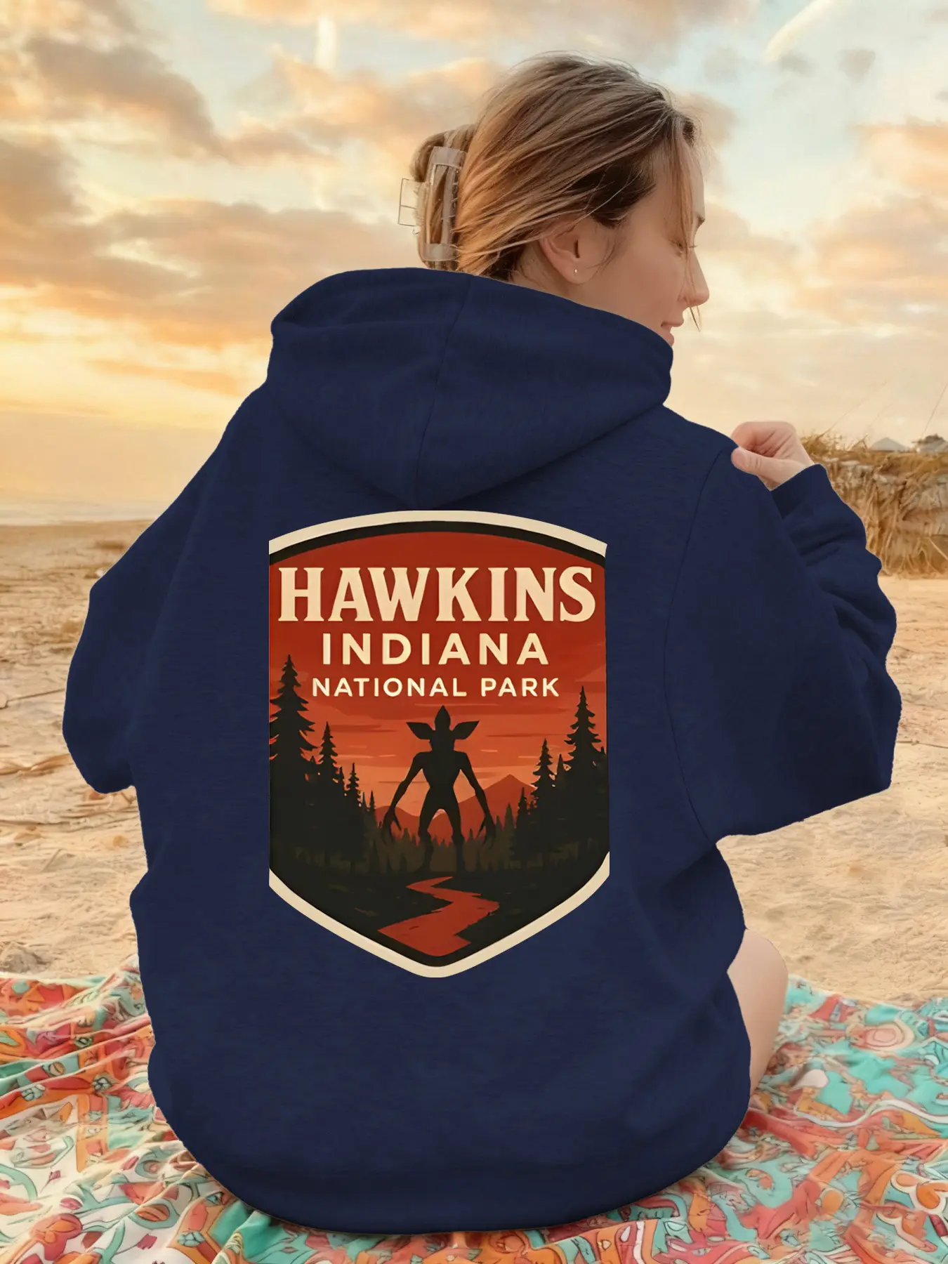 Women's Hooded Sweatshirt Fall Winter Pattern Print Stranger Things Style Forest Park Badge Design Casual Cool