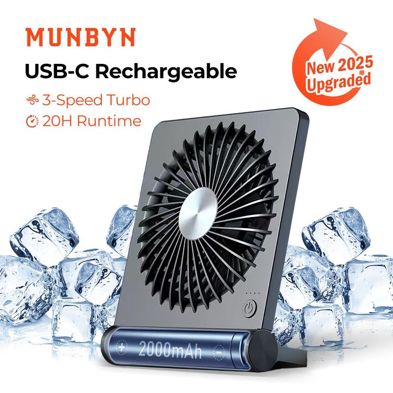 【MUNBYN Mini Desk Fan】Rechargeable Fan with Strong Airflow&2000mAh battery, Portable Fan for Summer with 3 Speed Adjustable Ultra-quiet Table Fan, Room Accessories