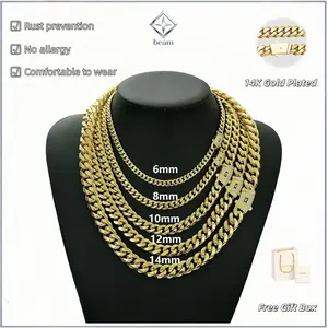 Miami Cuban Link Chain Necklace 14k Gold Plated Stainless Steel Iced Out Clasp Hip Hop Jewelry for Men/ Women 6/8/10/12/14mm Thickened ，Sizes from 16 inches to 30 inches are available.