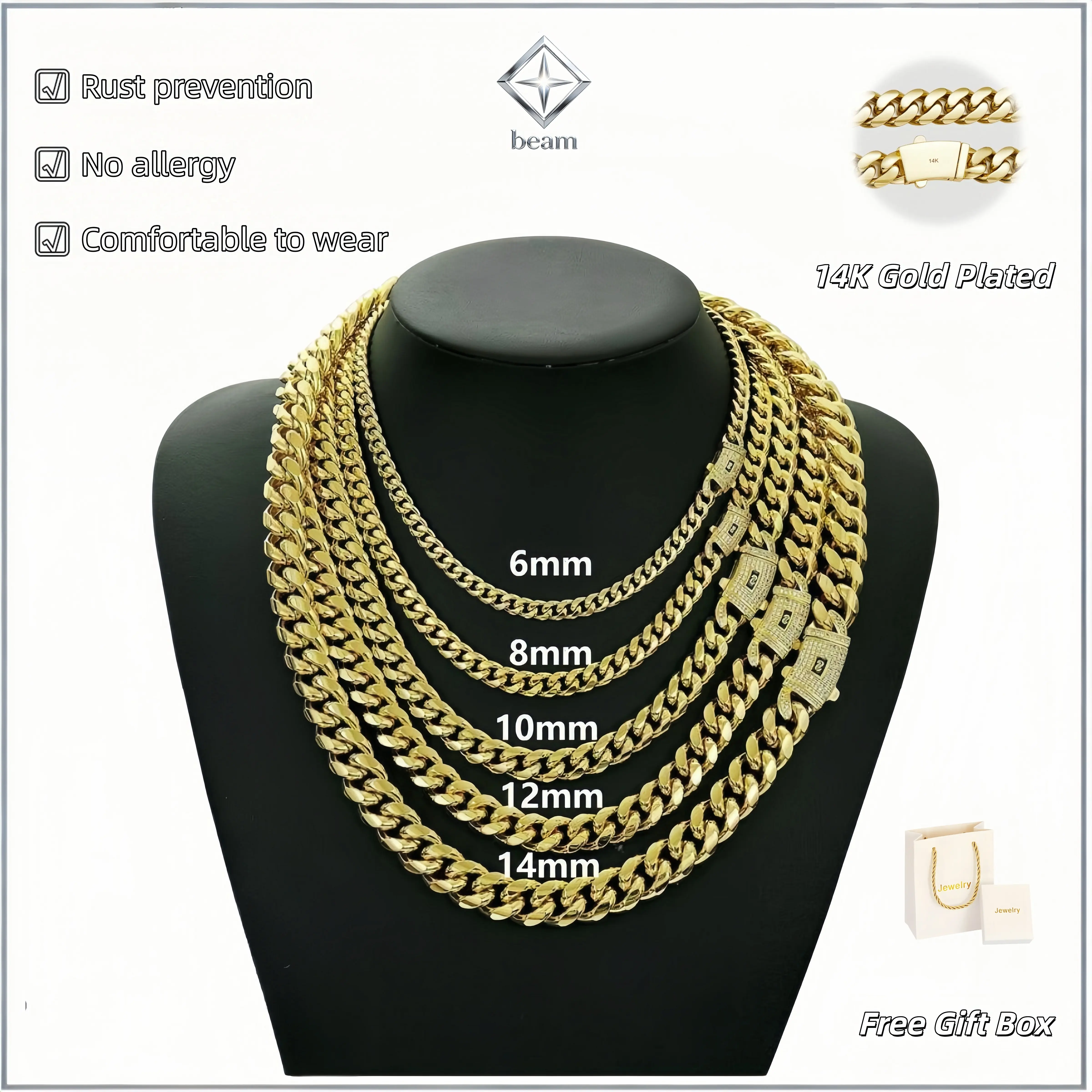 Miami Cuban Link Chain Necklace 14k Gold Plated Stainless Steel Iced Out Clasp Hip Hop Jewelry for Men/ Women 6/8/10/12/14mm Thickened ，Sizes from 16 inches to 30 inches are available.