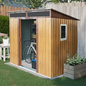 6ft x 5ft Outdoor Metal Storage Shed with Transparent Plate and Foundation, Heavy Duty Garden Patio Storage Cabinet with Lockable Door, Weather-Resistant Tool Shed for Backyard, Garden, Patio, Coffee Brown