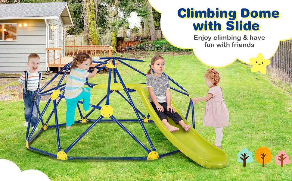 Costzon Kids Playground Climber, 2 in 1 Indoor Geometric Dome Climber Set, Metal Jungle Gym Monkey Bar Climbing Toys Father's Day Gift