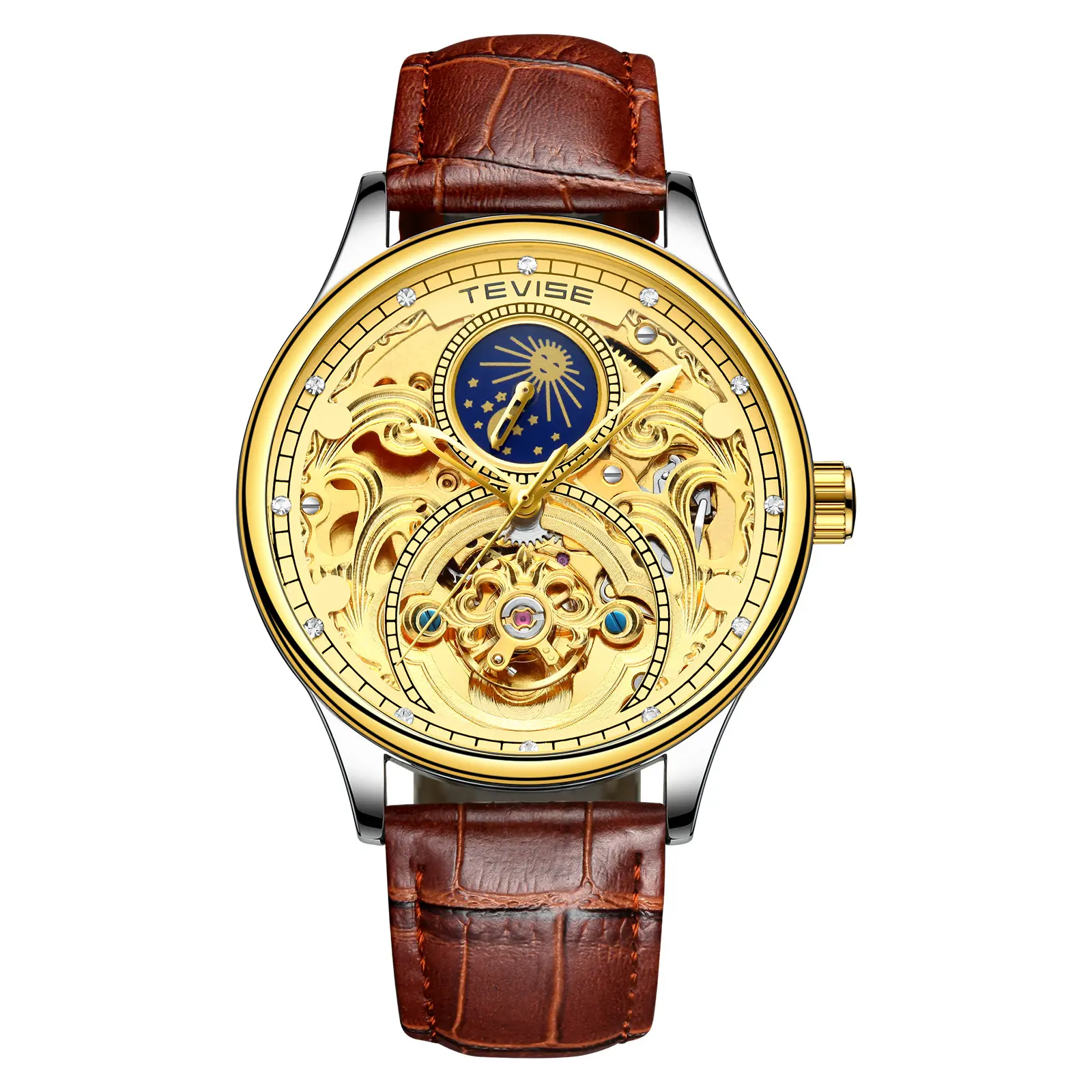 Men's Automatic Full Skeleton Watch - Moon Phase Dial, Genuine Leather Strap 30M Waterproof Luminous