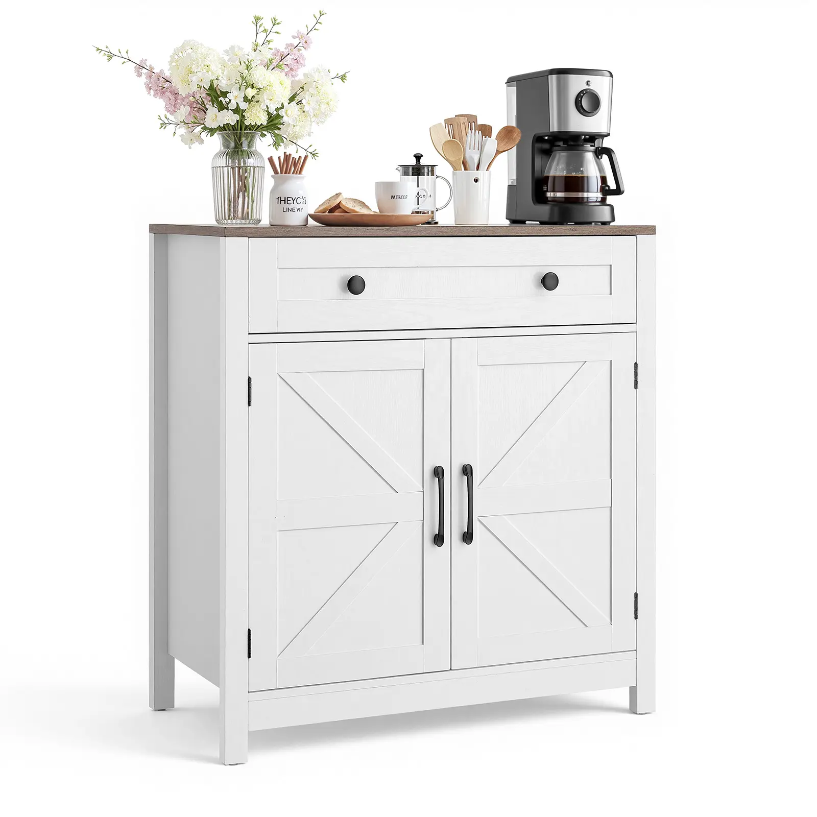 【SummerFinds】VEVOR Farmhouse Coffee Bar Cabinet Coffee Bar Station - Durable Metal-Constructed Buffet Stand with 1 Drawer, 2 Barn Doors, Anti-Tip Kit, 29.5x14.7x31.5in White Sideboard for Living Room, Kitchen (Assembly Required),dorm essentials,home decor