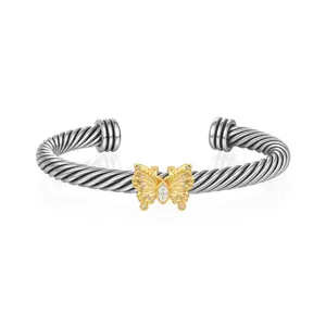 Aprilery Two-Tone Twisted Cable Butterfly Cuff – Symbolic Zircon-Encrusted Bracelet of Rebirth & Hope Trendy Jewellery Accessory