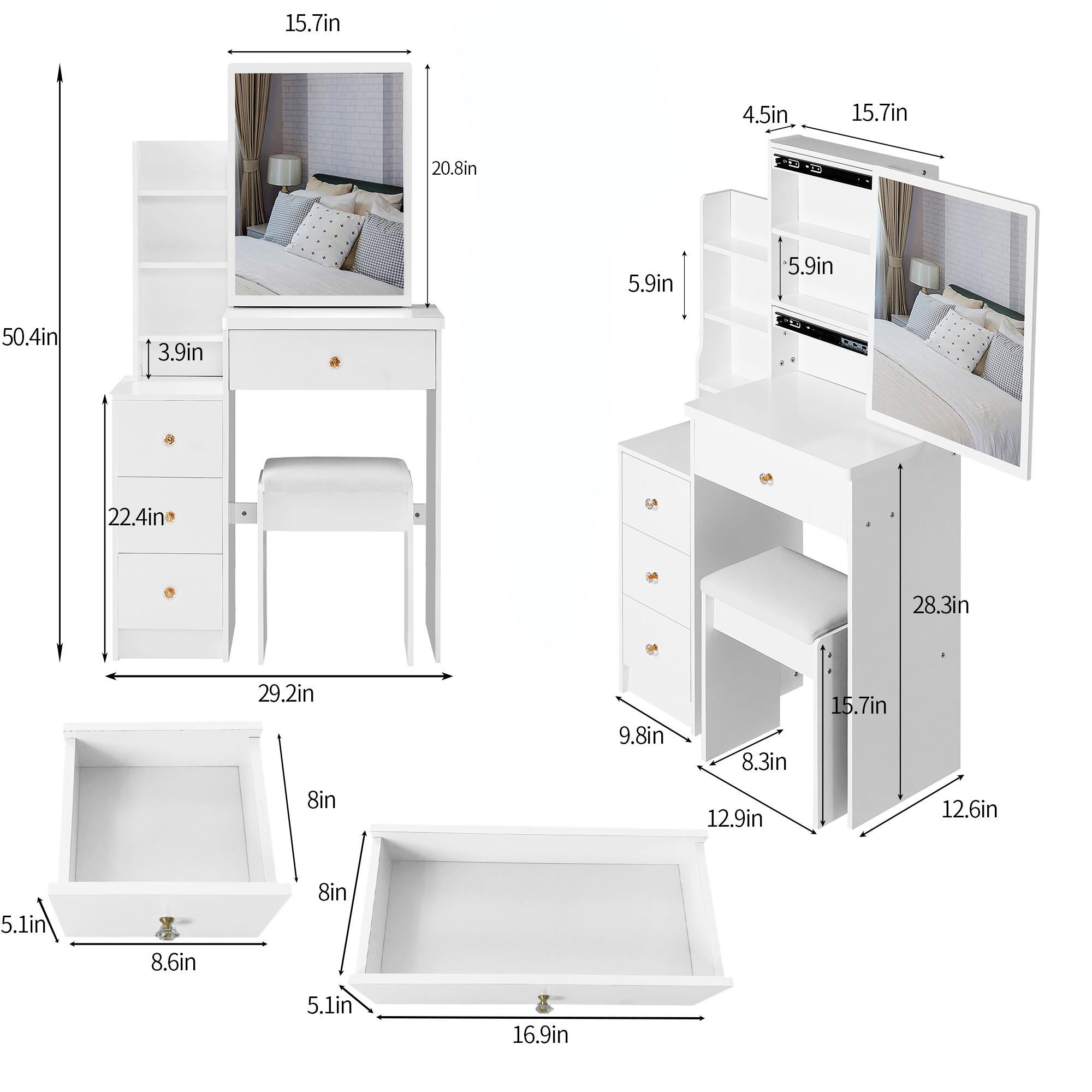 29.2" Small Space Modern Vanity Desk Set - Stylish Stand-Alone Makeup Vanities with Sliding Mirror, Cushioned Stool, Multi-Layer Storage for Bedroom