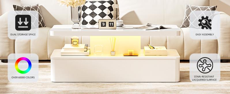 Dragosum Contemporary Coffee Tables for Living Room, LED Coffee Table with Rounded Corner in 16 Colors, High Gloss 2 Tiers Table with Hidden Power Supply
