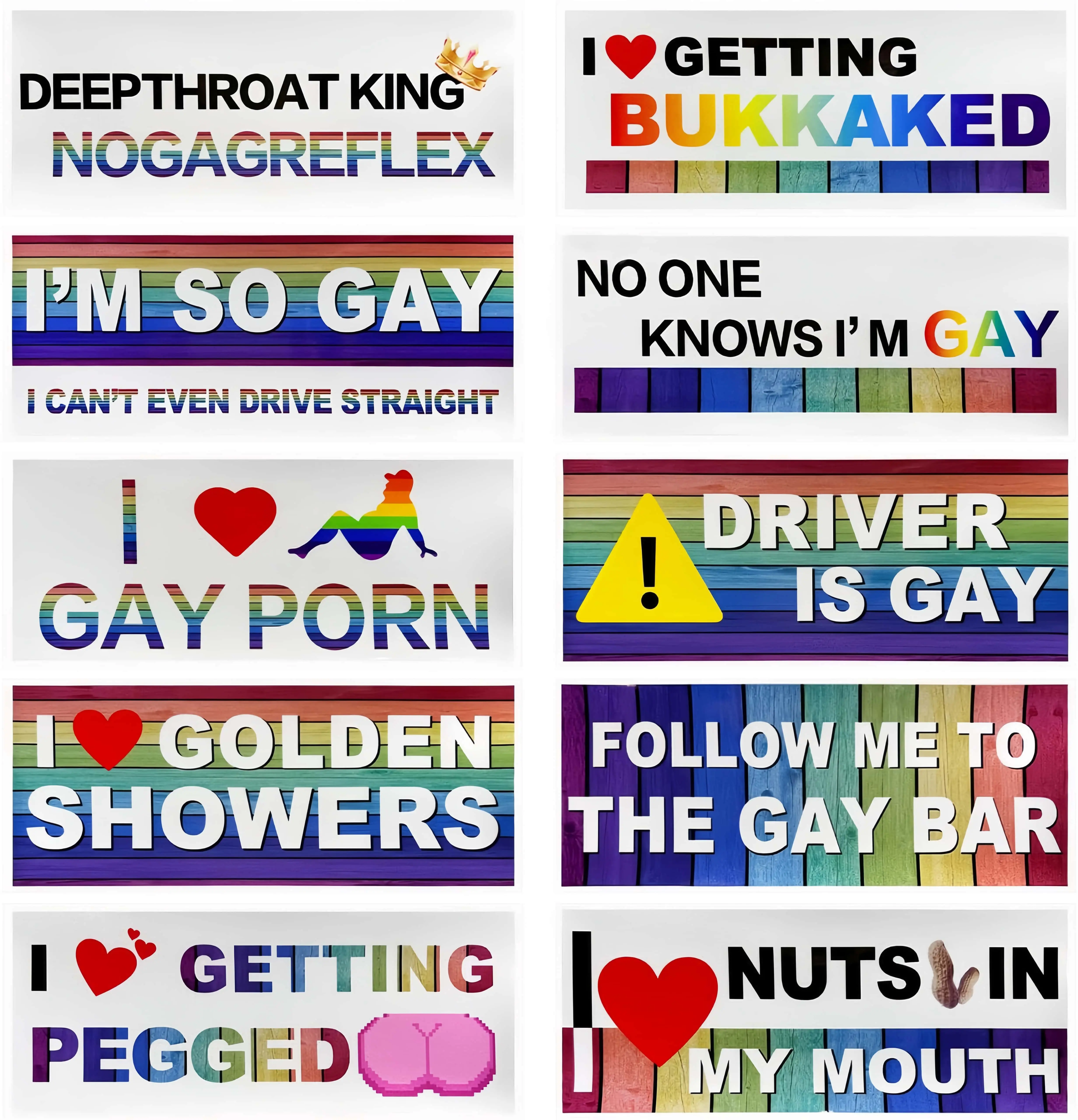 10PCS Bumper Decals, Funny LGBT Sticker Rainbow Gay Bumper Prank Decoration, Waterproof Vinyl Decal Humor Text Gay Pride Stickers for Luggage Window Refrigerator Laptop