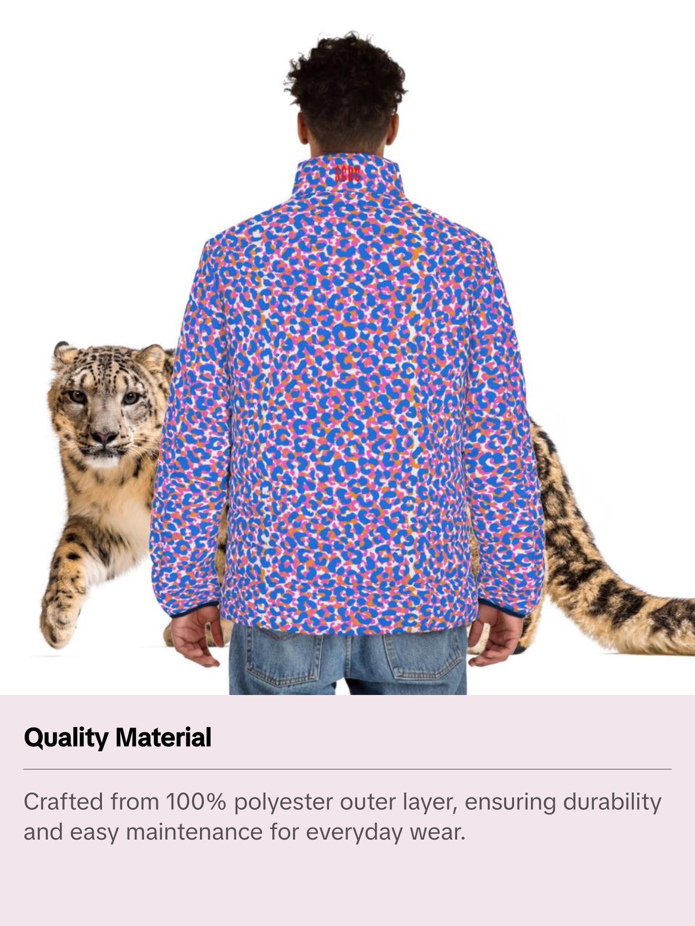 Men's SCBC " Spotted Frenzy" Puffer Jacket (AOP). Puffer Jacket, Spring, Mens Clothes, Warm Jacket, Lightweight, Deer, Graphic Design. Collar Menswear