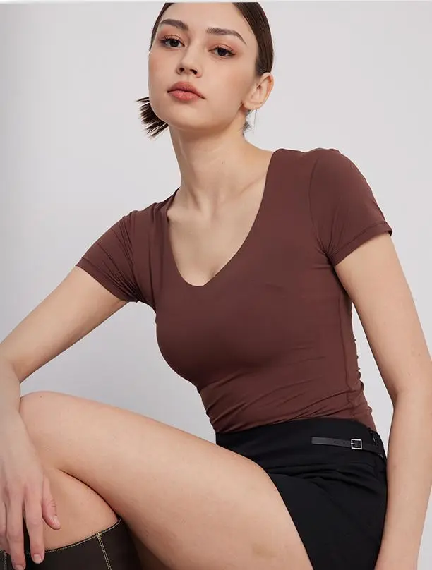 PUMIEY Women's Bodysuit, Snatched Scoop Neck Short Sleeve T-Shirt Top, Buttery Soft Double Layer, Stylish Casual Breathable Clothes for Women, Casual Breathable Top, Basic,back to school,back to school shopping