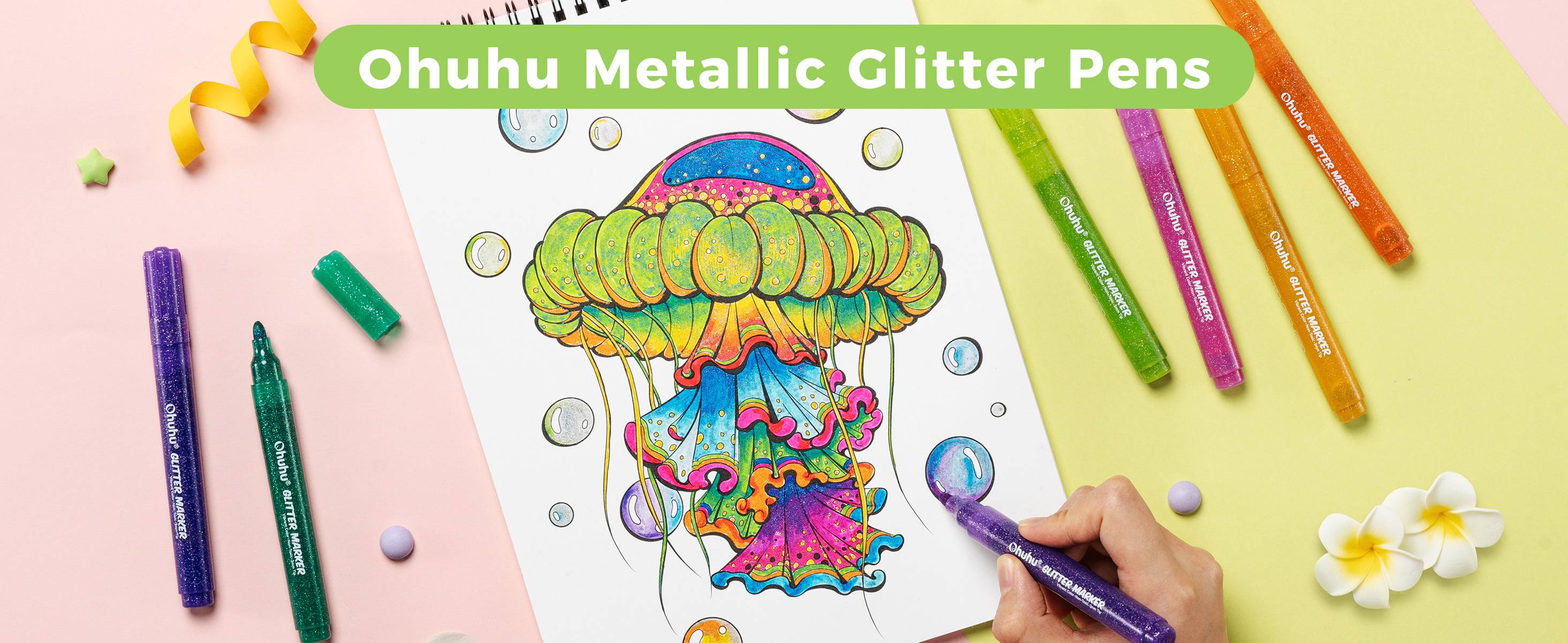 Ohuhu Glitter Markers Pen: Fine Tip - 12 Glitter Colors - 0.7mm/3mm - Metallic Shimmer Marker Fine Tip Water-based Ink for Kids Adults DIY Crafts Greeting Birthday Cards Making Mugs Wood - Glitter Markers Series of Ohuhu