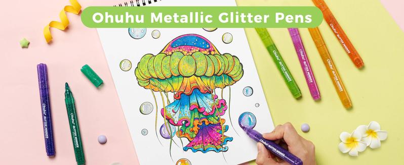 Ohuhu Glitter Markers Pen: Fine Tip - 12 Glitter Colors - 0.7mm/3mm - Metallic Shimmer Marker Fine Tip Water-based Ink for Kids Adults DIY Crafts Greeting Birthday Cards Making Mugs Wood