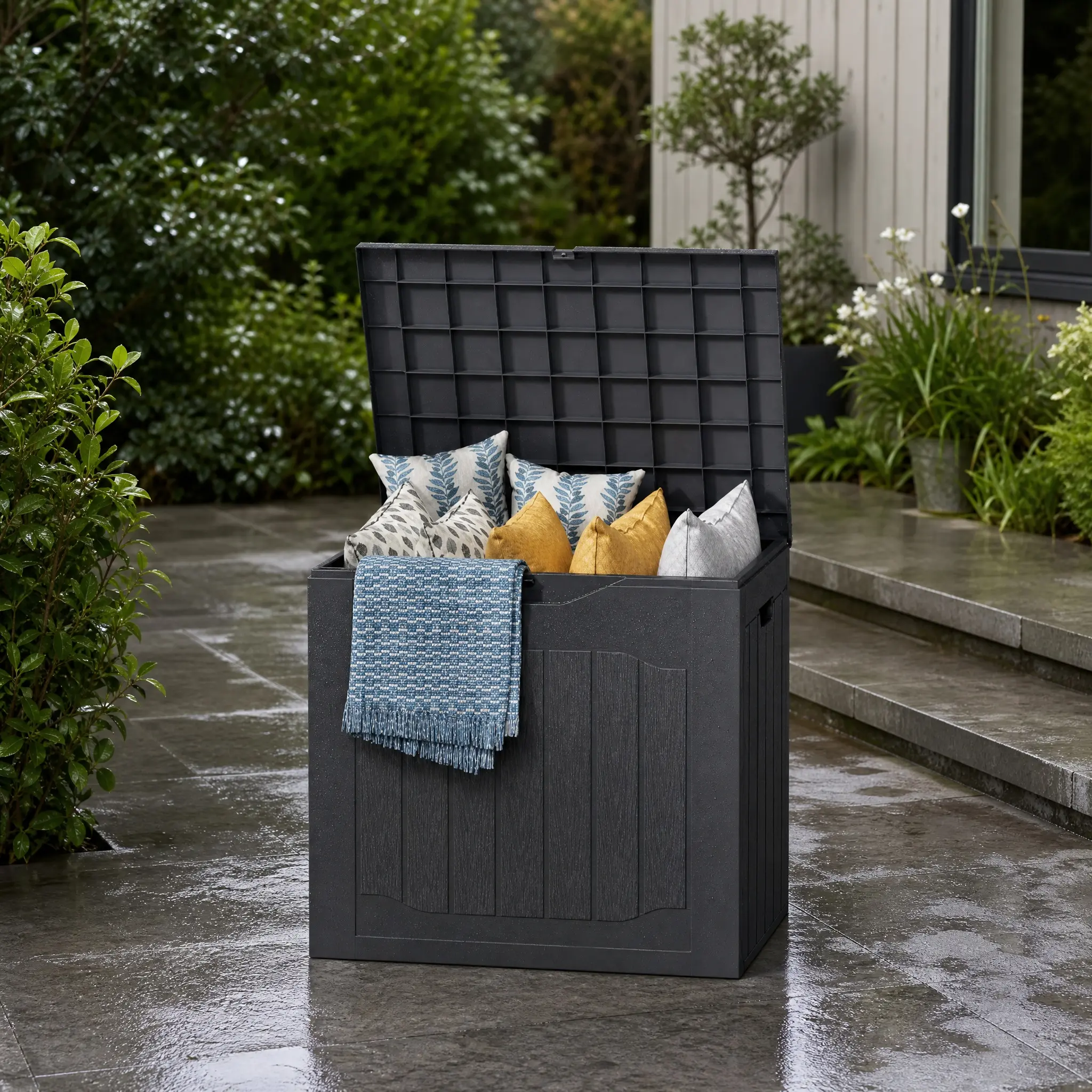 Outdoor Storage Box - 35 Gallon Resin Deck Box with Handles, Lockable Waterproof Garden Patio Storage Container for Cushions and Tools (Black & Brown)