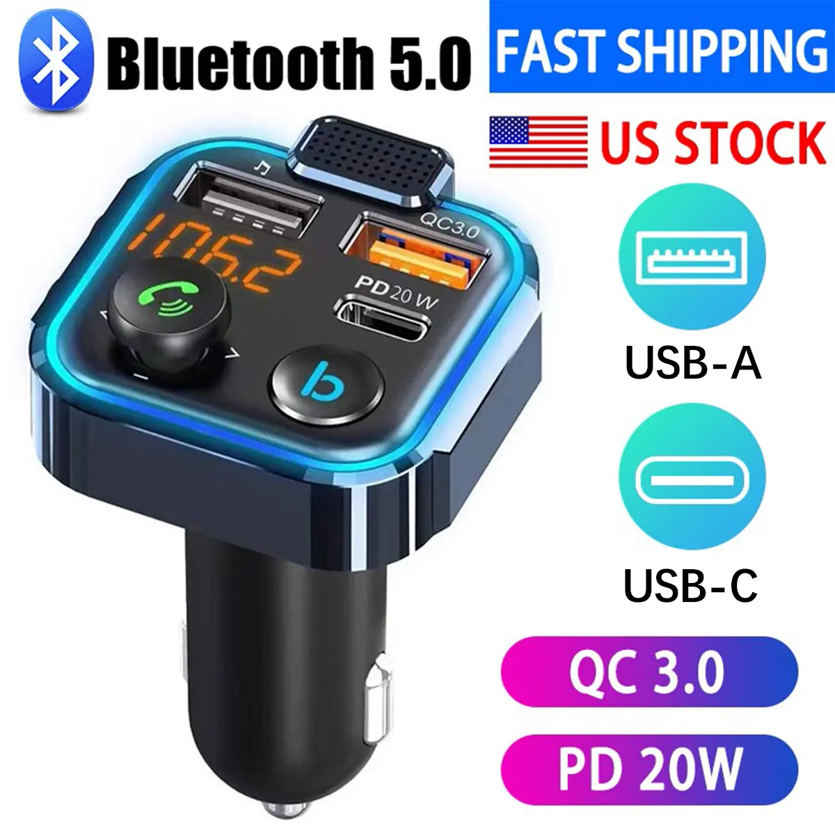 20W PD Type-C Bluetooth 5.3 FM Transmitter Car Charger with LED Light, Dual Port, Ambient Glowing Modern Lighting, LED Display, HD Audio, Bass Enhancer, Hands-Free Calls, 12V-24V Compatibility, Road Trip Essential, Bluetooth Car Adapter