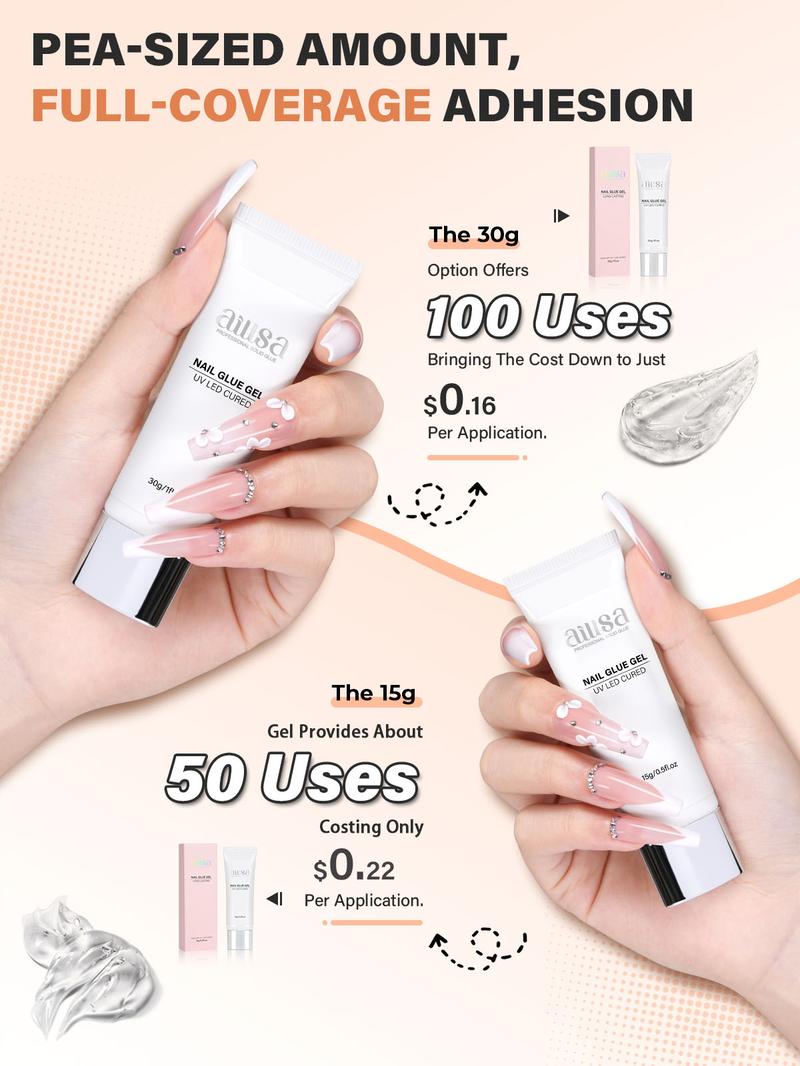 AILLSA Strong Hold Solid Gel Nail Glue 15g/30g UV Lamp Curing Needed Soak Off Long Lasting Easy to Apply Nail Glue for Clear Nail Tips Acrylic Nail Extension Fake Nail Press-ons Nailcare Manicure Cosmetic Winter Nails Glitter