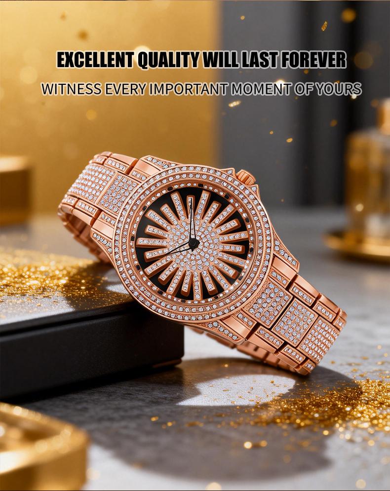Men's Diamond - Encrusted Gold Watch, Business Quartz Chronograph with RotatingDiamond Dial, Sparkling Effect, WaterResistant, Party Daily Wear Birthday Gift (With Box)