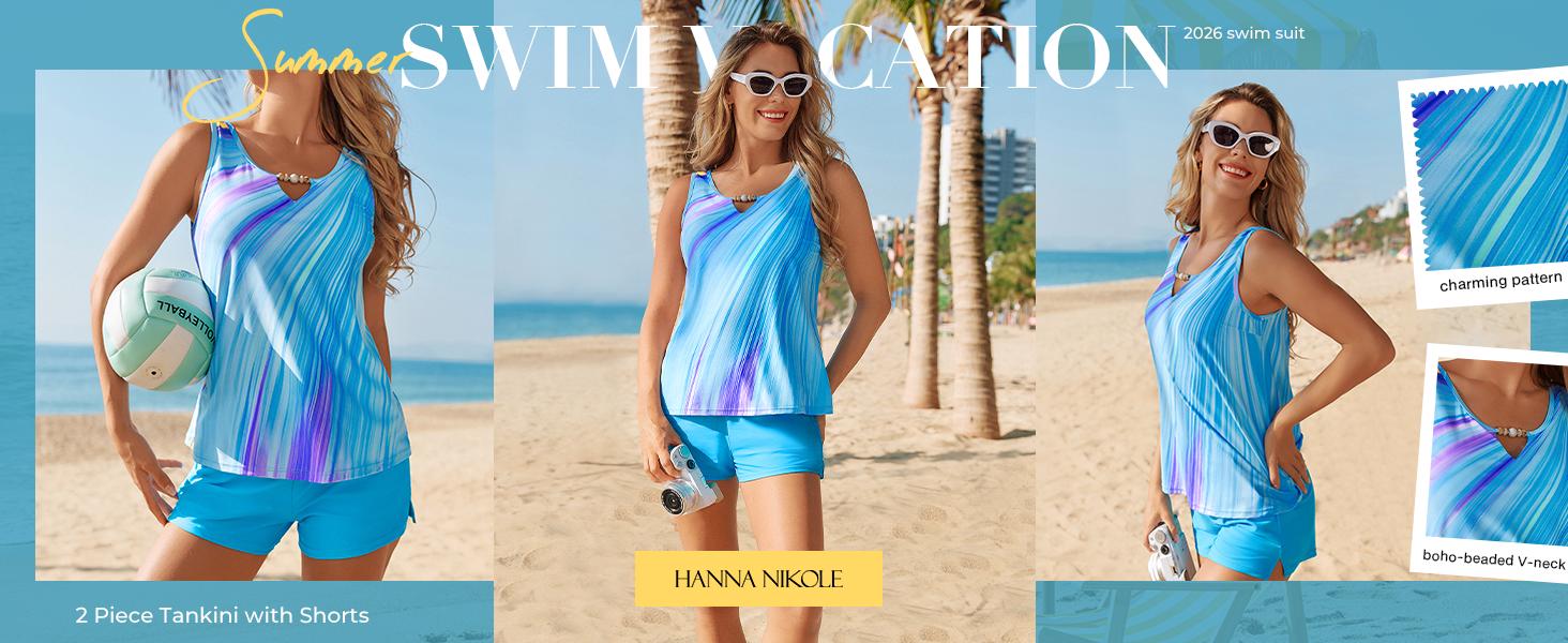 【S-2XL】Hanna Nikole Women 2 Piece Tankini Swimsuits Modest Bathing Suit Beads V Neck Swimwear with Sporty Swim Shorts Pockets