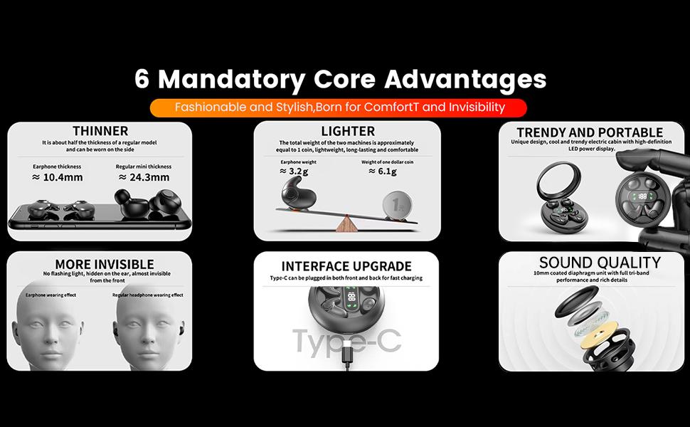 MSHUKCOE Mini Invisible Bluetooth Earbuds 5.4, 10h Playtime, LED Display, Long Battery, Stereo Sound, IPX5 Waterproof, USB Chargeable, Portable Headphones for Side Sleepers