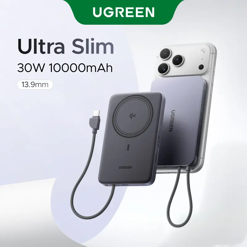 UGREEN Magflow Air Qi2 Magnetic Mobile Power Bank 10000mAh - 15W Wireless 30W Fast Chargeable External Battery Pack with Built-in USB-C Cable, MagSafe Compatible for iPhone 17/16/15/14 Pro Max, EDC Gear for On the Road, Portable Charger