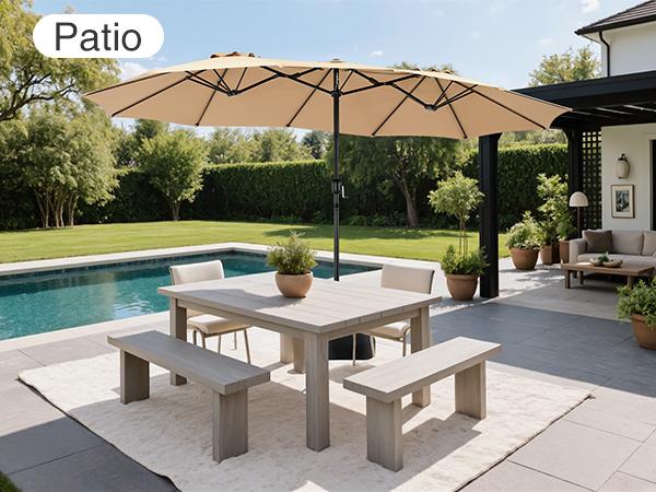 15FT Large Patio Umbrella with Base Included, Outdoor Double-Sided Rectangle Market Umbrellas with Stand and Crank, Table Umbrella with 12 Sturdy Ribs