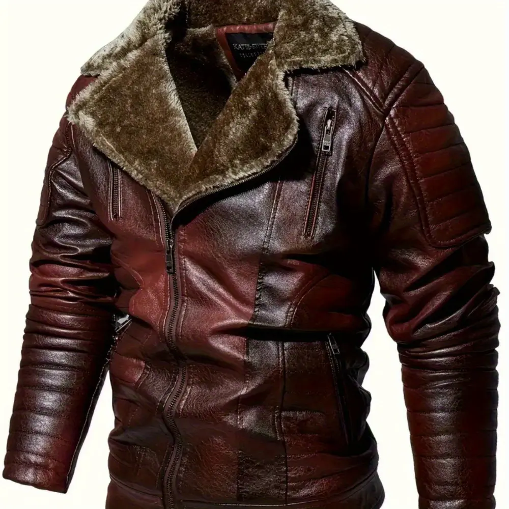 Men's Warm Fleece Classic Design PU Bomber Jacket, Casual Zip-Up Lapel Faux Leather Longsleeves Coat, Fitted Medium-Length Outerwear for Fall Winter Outfits, Menswear, Coats