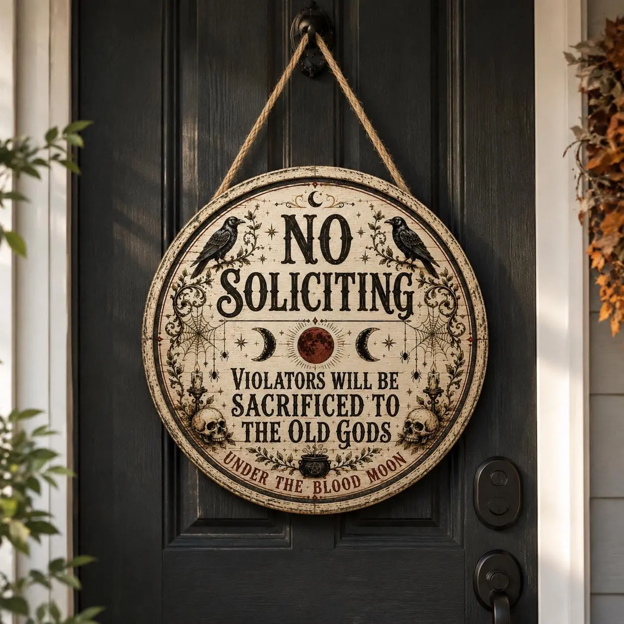 No Soliciting Gothic Door Sign, Raven Witch Door Hanger, Blood Moon Halloween Decor, Skull Front Porch Sign, Dark Cottagecore Decor, Vintage Halloween Decor, Fall Decor 2026