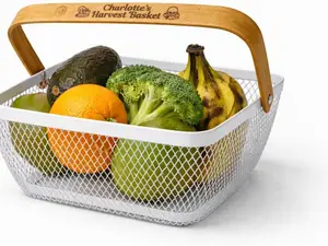 Personalized Silver Garden Harvest Basket with Engraved Bamboo Handle – Lightweight Metal Mesh Vegetable Basket for Garden, Farm, Fruits, Vegetables
