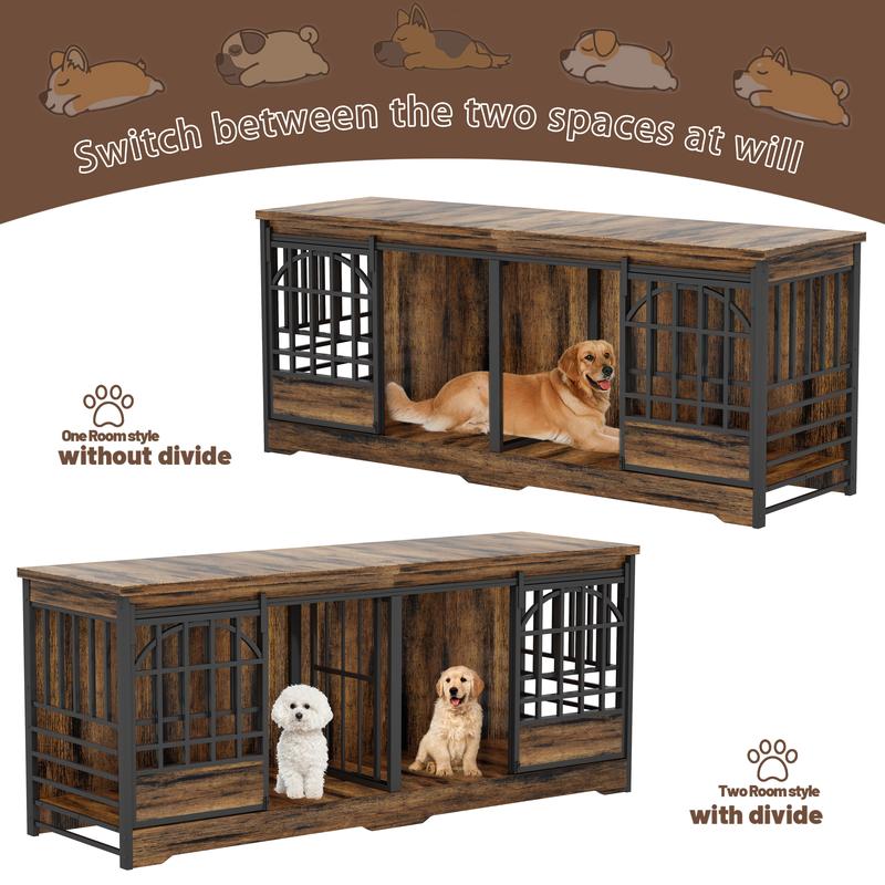 78 Inch Double Dog Crate Furniture, Extra Large Dog Kennel Indoor with Divider, Heavy Duty Dog Cage for 2 Dogs, Decorative Wooden Dog House Decorative Table TV Stand, Pet House for XLarge Dogs,Brown