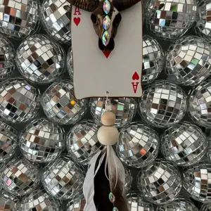 Western Car Charm Truck Charm Playing Card Faux Feathers Cow Skull with Wooden Beads