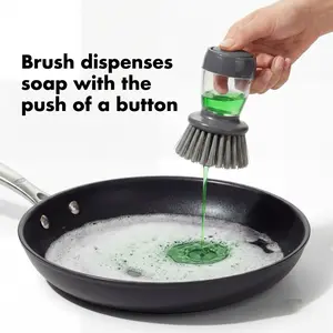 Home Kitchen 2PCS Soap Dispensing Palm Brush with Storage Set, Durable and Scratch-Resistant, Kitchen Brush for Cookware, Dish and Sinks, Scrub Brush for Kitchen cleaning (Set of Brush and Holder Tray)