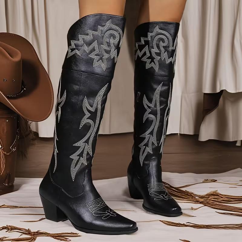 Knee High Tall Cowboy Boots Women Vintage Embroidered Pointed Platform Over the Knee Cowgirl Boots Fashion Square Toe Chunky Heel Western Over-The-Knee Vacation Boots