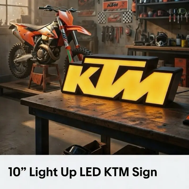 KTM motorcycles  Light up LED Sign - Red and White Text Design with Black Border