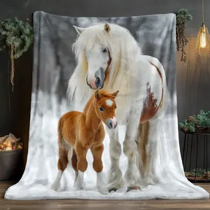 White Horse And Foal in Snow Pattern HD Print Blanket Lightweight Flannel Throw for Sofa Bed Travel Livingroom Office Couch And Bed Digital Printing Fleece Blanket with Soft And Warm Flannel Fabric Adult