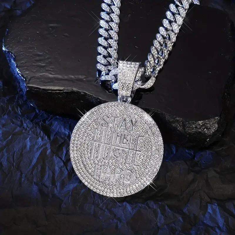 'Stay Humble Hustle Hard' Letter Pendant Necklace, Iced Out Full Rhinestone Encouragement Jewelry, Punk Rock Hip Hop Fashion with 20-Inch Cuban Chain