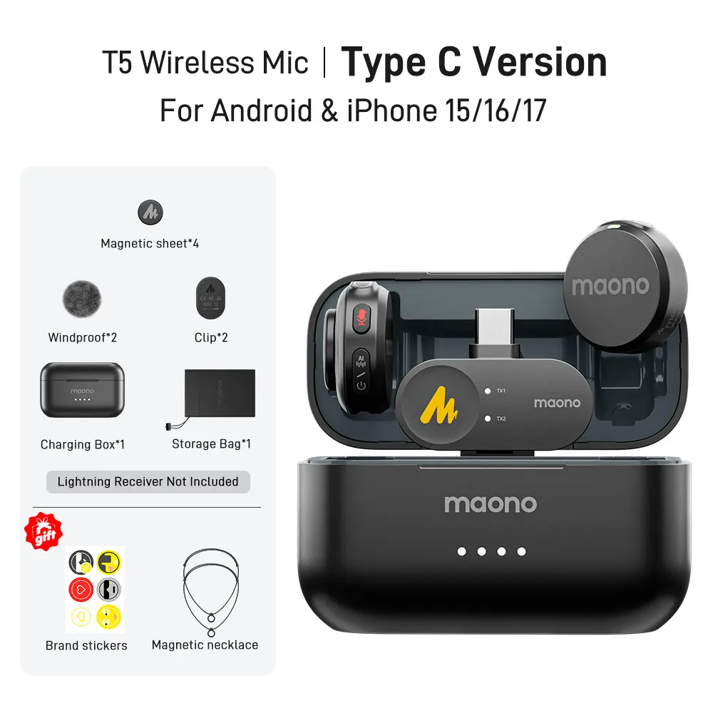 Maono T5 Wireless Magnetic Lapel Lavalier Microphone with Audio Noise Reduction, Magnetic Charging, Compatible with PC Camera, iPhone, Type-C Android, Ideal for Vlogging, Streaming, Content Creator Tools, Manufacturer Warranty