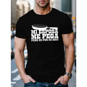 Men's "My Wife" Spanish Quote T-Shirt - Casual Black  Tee with White Text,  Short Sleeve,  Round Neck,  Summer Top,  Machine Washable