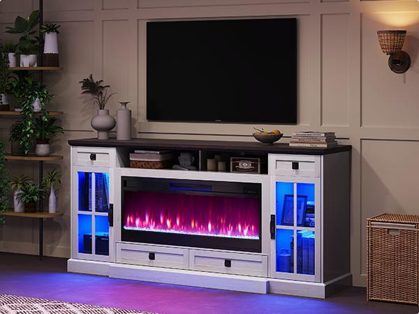 【Ships in 2 Boxes】AMERLIFE 70“ Fireplace TV Stand for 80 Inch TV,Farmhouse TV Stand with 42" Fireplace & LED Lights,Entertainment Center with Storage,Best Gift Ideas/Christmas Gifts
