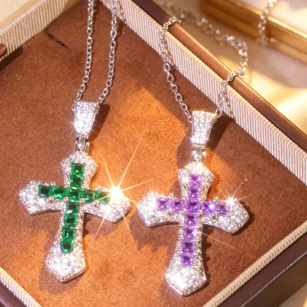 6-Color Shiny Colored Necklaces, Hip Hop Style Statement Jewelry, Ideal Valentine's Day & Birthday Gift for Couples (Cross Necklaces for Him/Her), Beaded Gemstone Necklaces