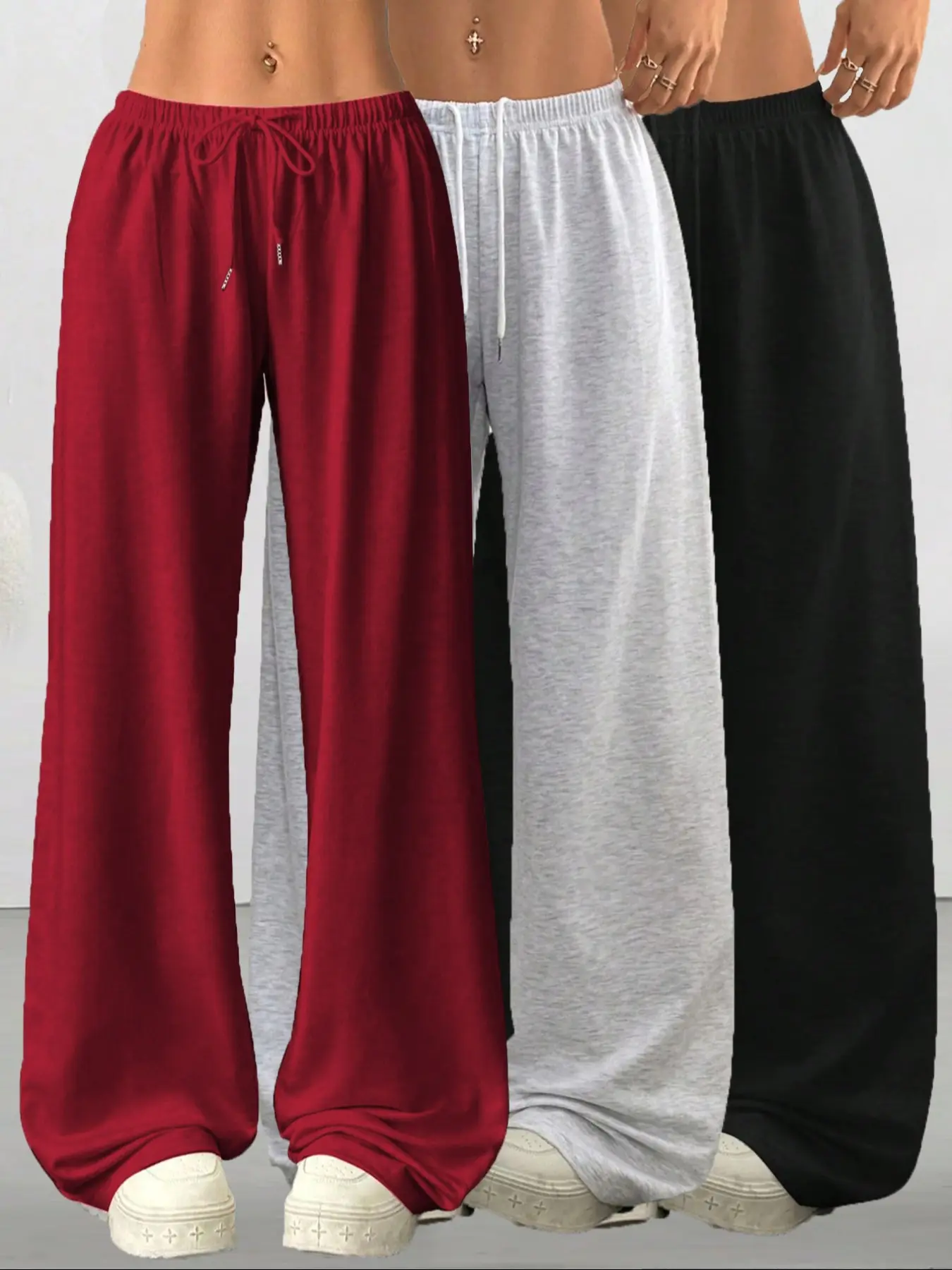 Women's Casual Loose-Fit Baggy Drawstring Pants Bottoms, 3-Pack Solid Plain Long Trousers, Comfortable Fabric Wide Leg Home Wear, Womenswear, Suitable for Spring Summer Fall Outdoor